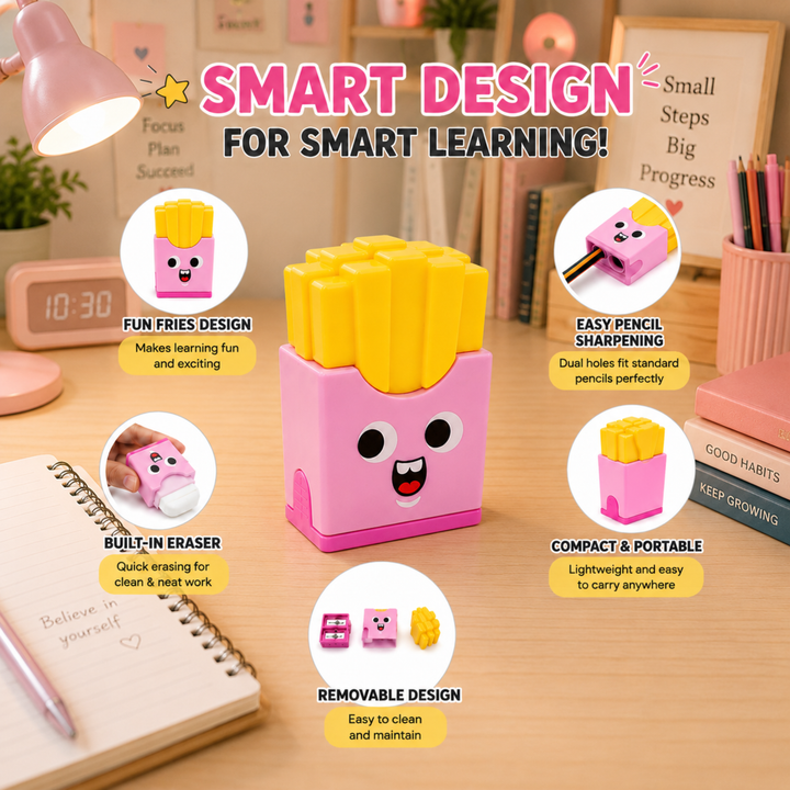 French Fries Pencil Sharpener with Eraser, Cute Cartoon Manual Pencil Sharpener with Attractive Design, Novelty Desk Sharpener for School, Office, Home, Study and Everyday Use
