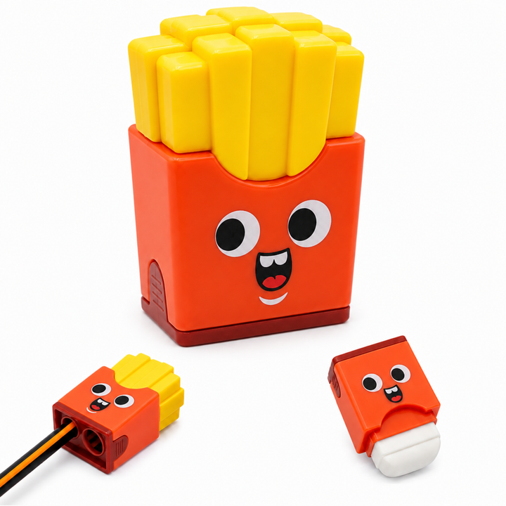 French Fries Pencil Sharpener with Eraser, Cute Cartoon Manual Pencil Sharpener with Attractive Design, Novelty Desk Sharpener for School, Office, Home, Study and Everyday Use