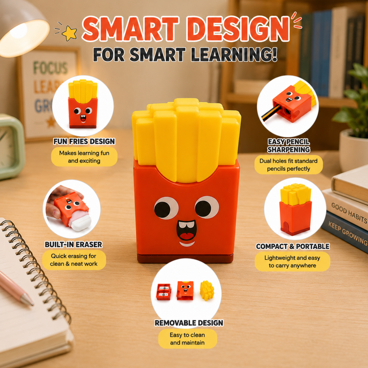 French Fries Pencil Sharpener with Eraser, Cute Cartoon Manual Pencil Sharpener with Attractive Design, Novelty Desk Sharpener for School, Office, Home, Study and Everyday Use