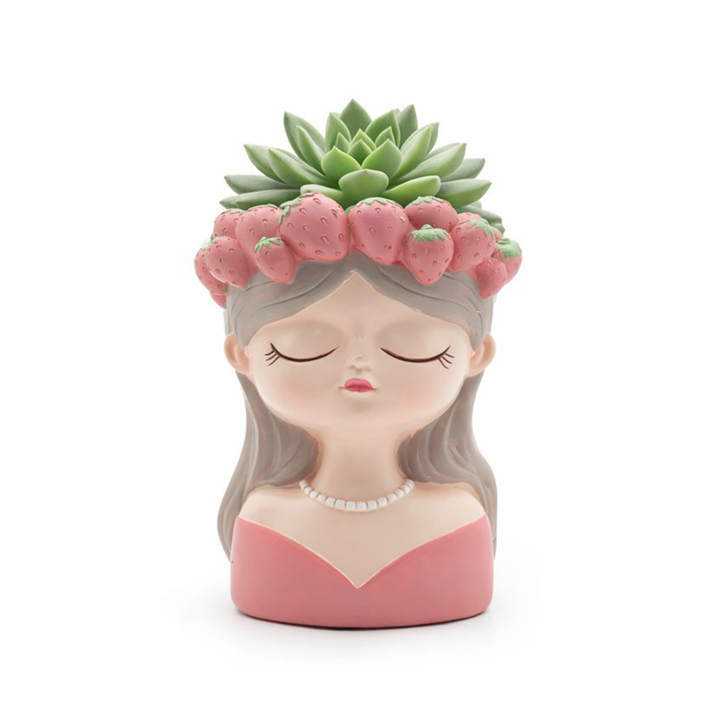 Fancy Girl with Fruit Crown Flower Pot 4 Pcs Set Red Green Pink Yellow Polyresin Decorative Planters for Succulents Indoor Outdoor Home Office Desk Décor Pen Pencil Holder Propagator Kit