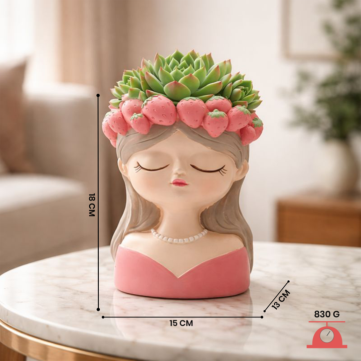 Fancy Girl with Fruit Crown Flower Pot 4 Pcs Set Red Green Pink Yellow Polyresin Decorative Planters for Succulents Indoor Outdoor Home Office Desk Décor Pen Pencil Holder Propagator Kit