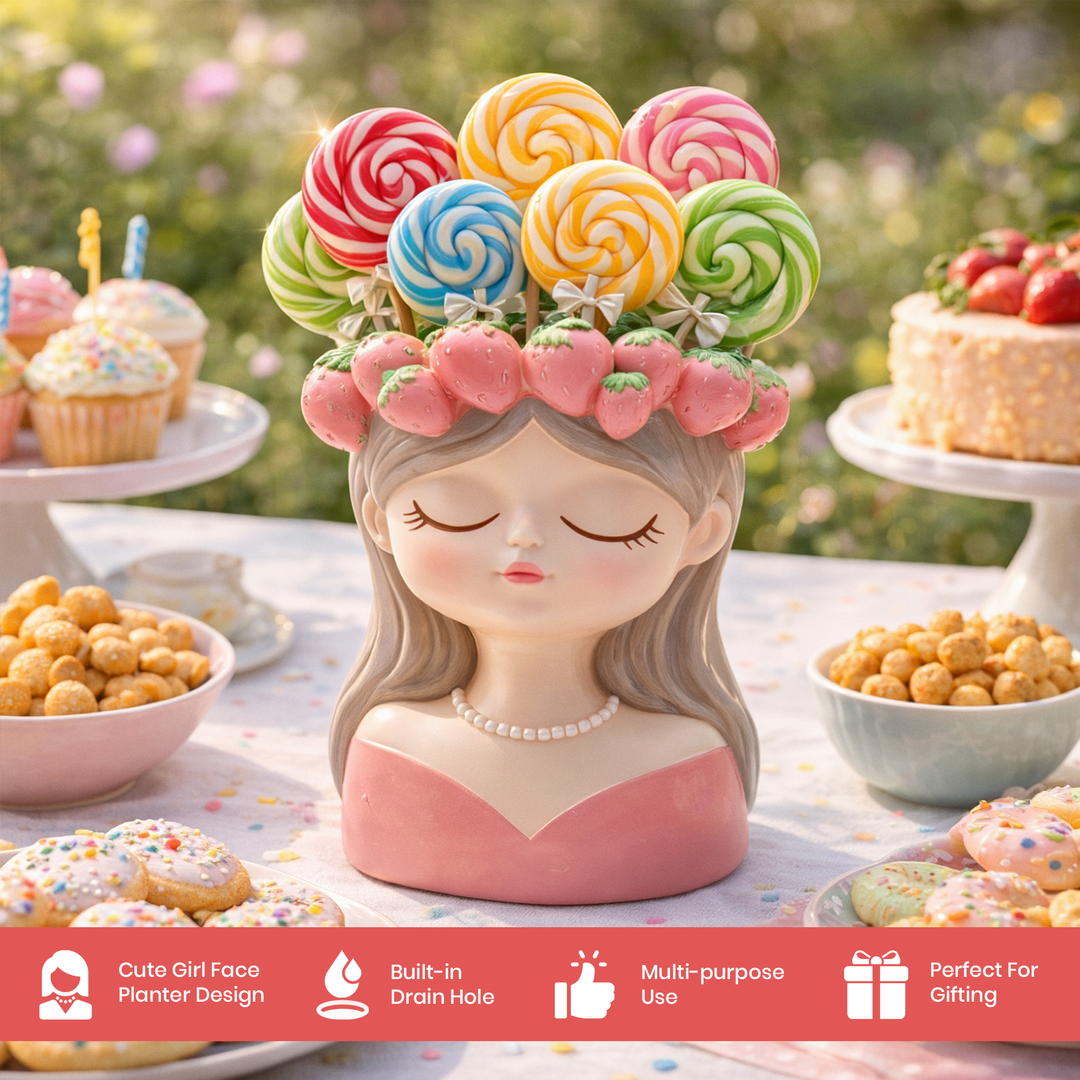 Fancy Girl with Fruit Crown Flower Pot 4 Pcs Set Red Green Pink Yellow Polyresin Decorative Planters for Succulents Indoor Outdoor Home Office Desk Décor Pen Pencil Holder Propagator Kit