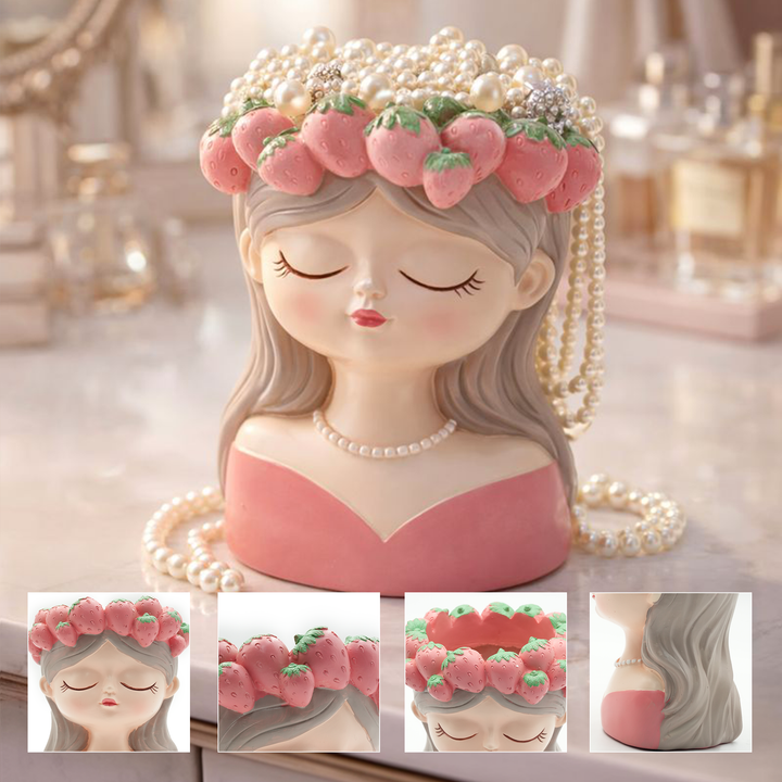 Fancy Girl with Fruit Crown Flower Pot 4 Pcs Set Red Green Pink Yellow Polyresin Decorative Planters for Succulents Indoor Outdoor Home Office Desk Décor Pen Pencil Holder Propagator Kit