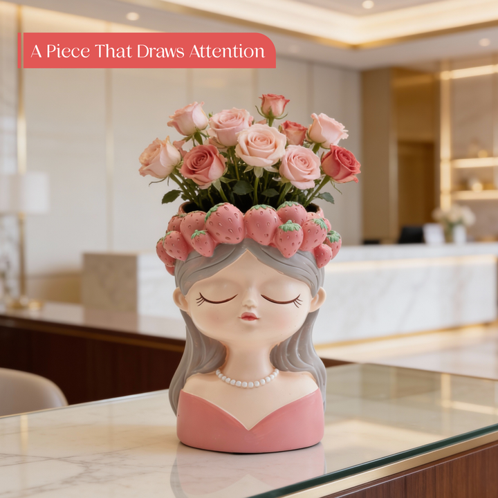 Fancy Girl with Fruit Crown Flower Pot 4 Pcs Set Red Green Pink Yellow Polyresin Decorative Planters for Succulents Indoor Outdoor Home Office Desk Décor Pen Pencil Holder Propagator Kit