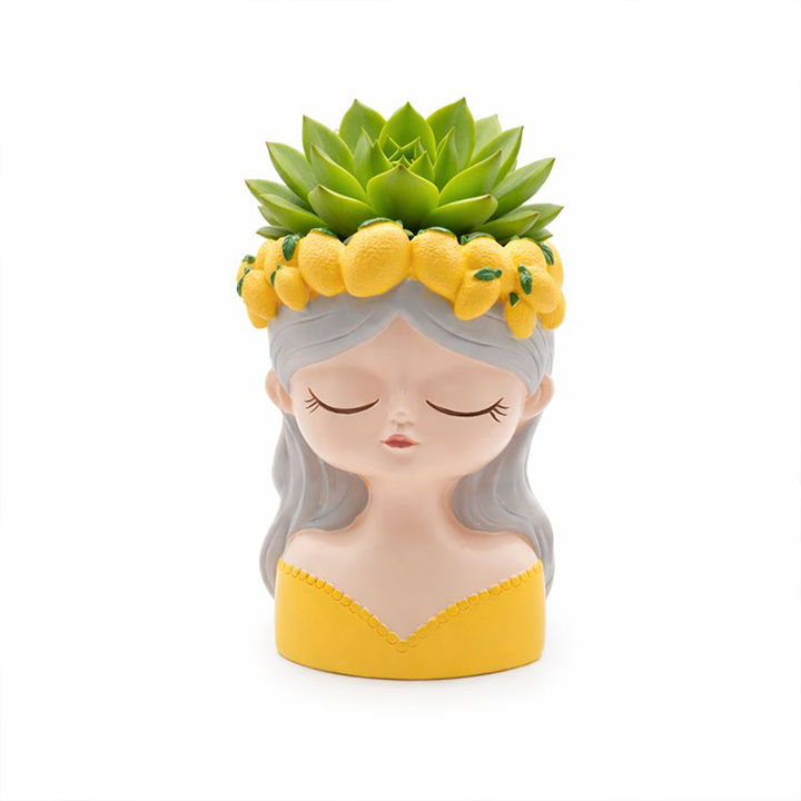 Fancy Girl with Fruit Crown Flower Pot 4 Pcs Set Red Green Pink Yellow Polyresin Decorative Planters for Succulents Indoor Outdoor Home Office Desk Décor Pen Pencil Holder Propagator Kit