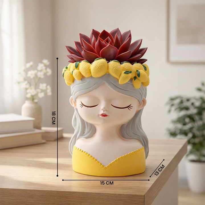 Fancy Girl with Fruit Crown Flower Pot 4 Pcs Set Red Green Pink Yellow Polyresin Decorative Planters for Succulents Indoor Outdoor Home Office Desk Décor Pen Pencil Holder Propagator Kit