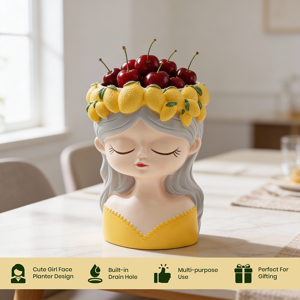Fancy Girl with Fruit Crown Flower Pot 4 Pcs Set Red Green Pink Yellow Polyresin Decorative Planters for Succulents Indoor Outdoor Home Office Desk Décor Pen Pencil Holder Propagator Kit
