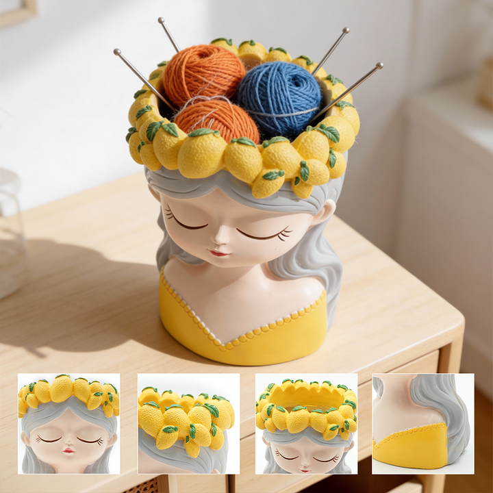 Fancy Girl with Fruit Crown Flower Pot 4 Pcs Set Red Green Pink Yellow Polyresin Decorative Planters for Succulents Indoor Outdoor Home Office Desk Décor Pen Pencil Holder Propagator Kit