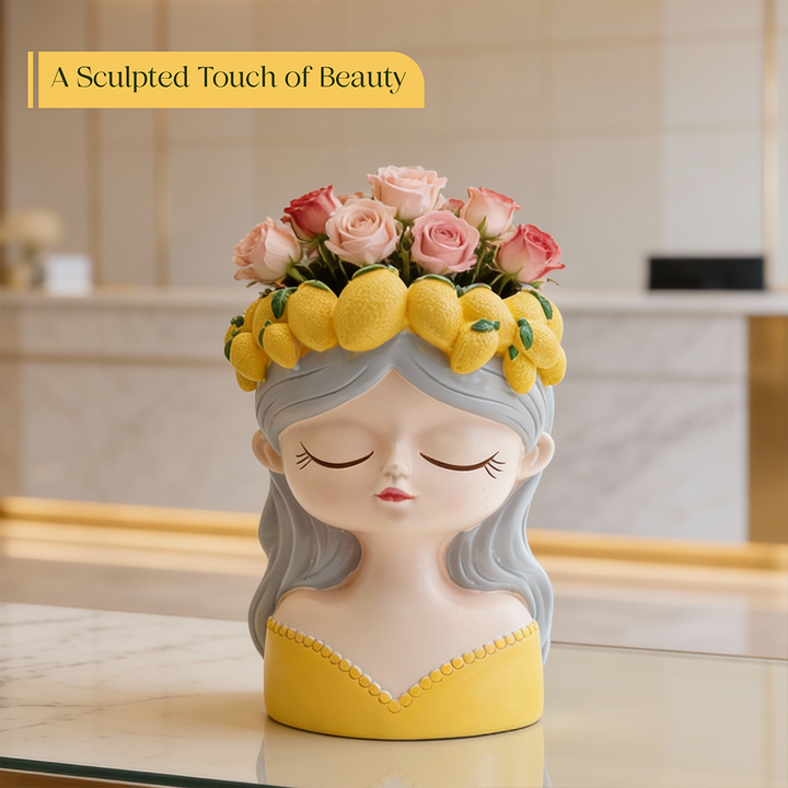 Fancy Girl with Fruit Crown Flower Pot 4 Pcs Set Red Green Pink Yellow Polyresin Decorative Planters for Succulents Indoor Outdoor Home Office Desk Décor Pen Pencil Holder Propagator Kit