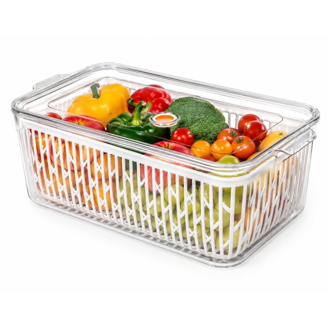 Beram Drain & Store Refrigerator Container Clear Box with Inner Basket Transparent PET Organizer Box with Handles Multipurpose Pantry Fridge Freezer Storage Container BPA-Free Rectangular Basket