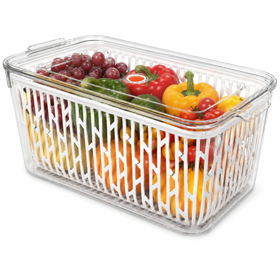 Beram Drain & Store Refrigerator Container Clear Box with Inner Basket Transparent PET Organizer Box with Handles Multipurpose Pantry Fridge Freezer Storage Container BPA-Free Rectangular Basket
