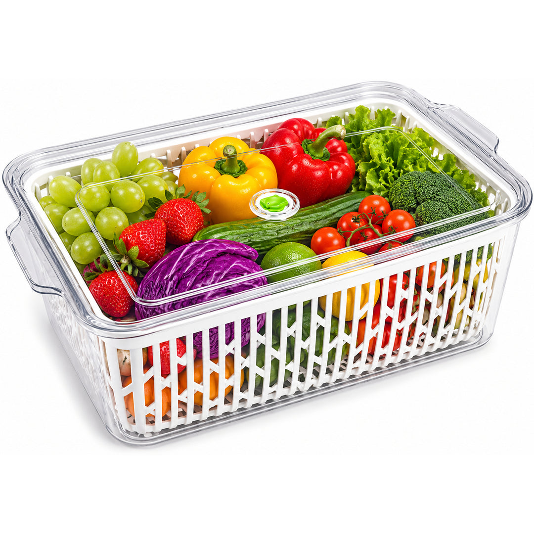 Beram Drain & Store Refrigerator Container Clear Box with Inner Basket Transparent PET Organizer Box with Handles Multipurpose Pantry Fridge Freezer Storage Container BPA-Free Rectangular Basket