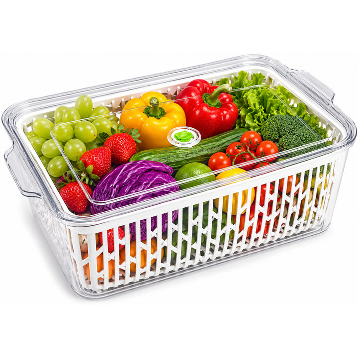 Beram Drain & Store Refrigerator Container Clear Box with Inner Basket Transparent PET Organizer Box with Handles Multipurpose Pantry Fridge Freezer Storage Container BPA-Free Rectangular Basket