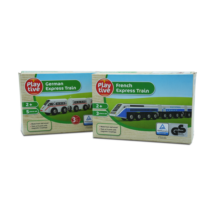 Playtive Wooden Train Set – German Express (5 pcs) & French Express (3 pcs) | Real Wood Trains with Magnetic Couplings | Educational Toy Train Set for Kids Ages 2+