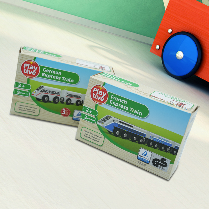 Playtive Wooden Train Set – German Express (5 pcs) & French Express (3 pcs) | Real Wood Trains with Magnetic Couplings | Educational Toy Train Set for Kids Ages 2+