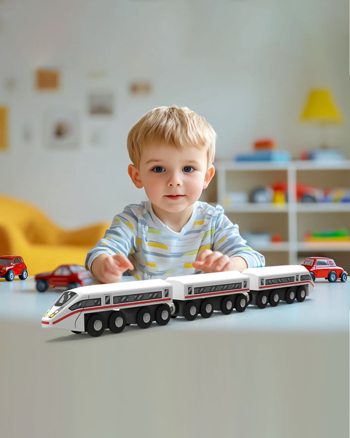 German Express Wooden Train Toy Set – 5-Piece Intercity Train with Magnetic Couplings – Durable Real Wood Construction – Safe for Kids Age 2+ – TÜV Rheinland & GS Certified – Educational Pretend Play Railway Toy for Toddlers and Young Children