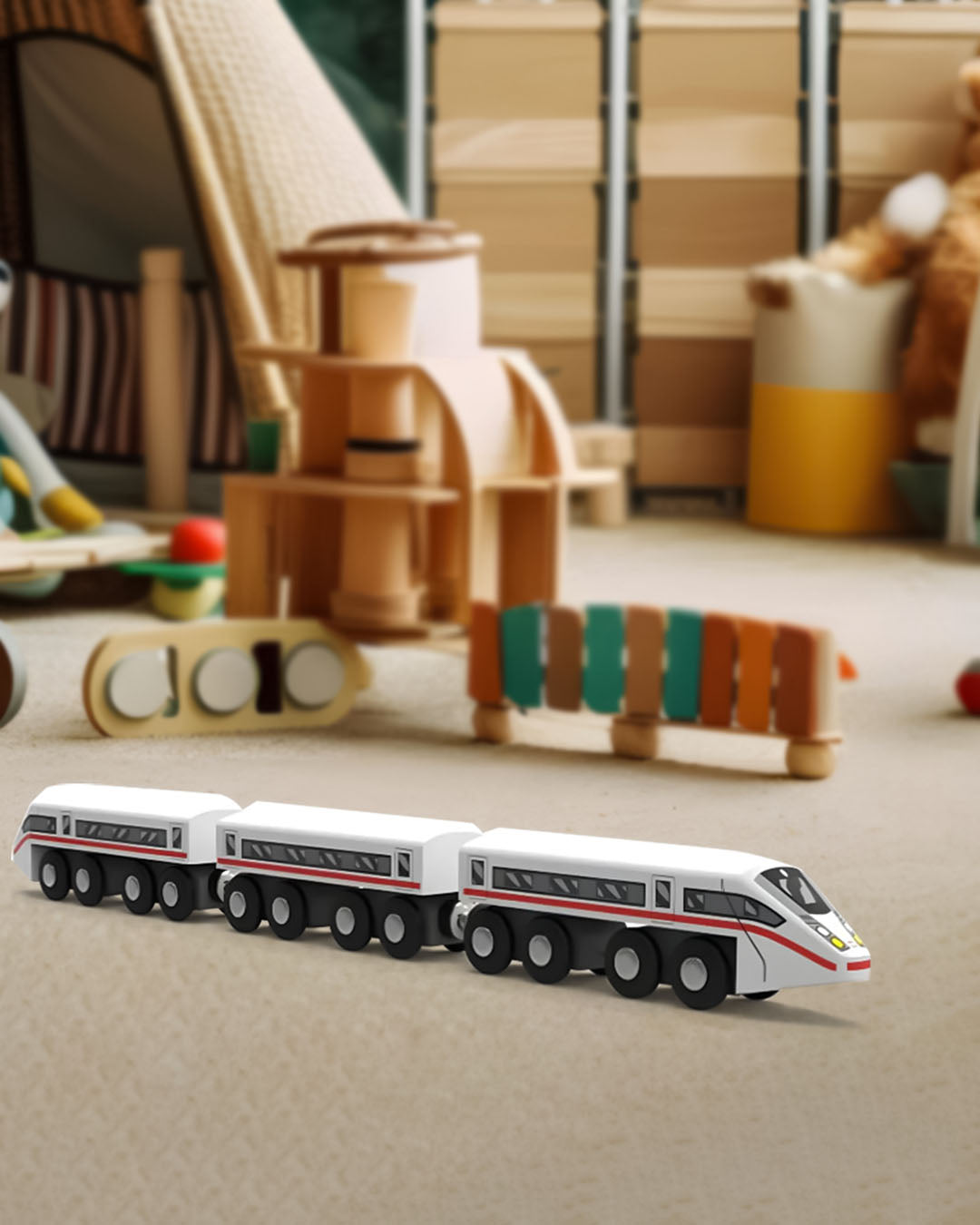 German Express Wooden Train Toy Set – 5-Piece Intercity Train with Magnetic Couplings – Durable Real Wood Construction – Safe for Kids Age 2+ – TÜV Rheinland & GS Certified – Educational Pretend Play Railway Toy for Toddlers and Young Children