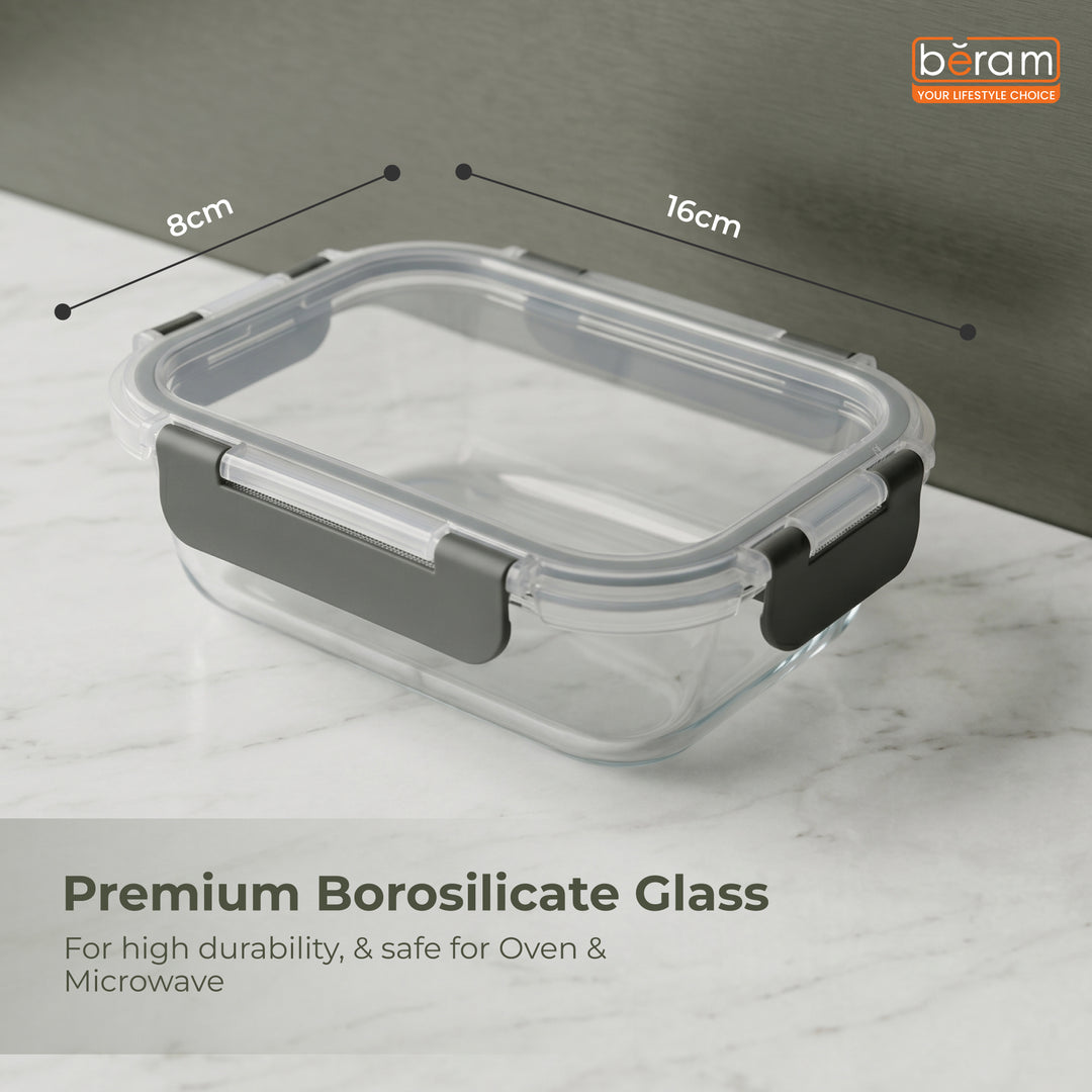 Beram Glass Food Storage Container with Lid 18.6×14.1×6.2 cm – Oven Safe Transparent Borosilicate Glass Box with Silicone Seal Airtight Leakproof Meal Prep Container for Oven Microwave Fridge & Freeze