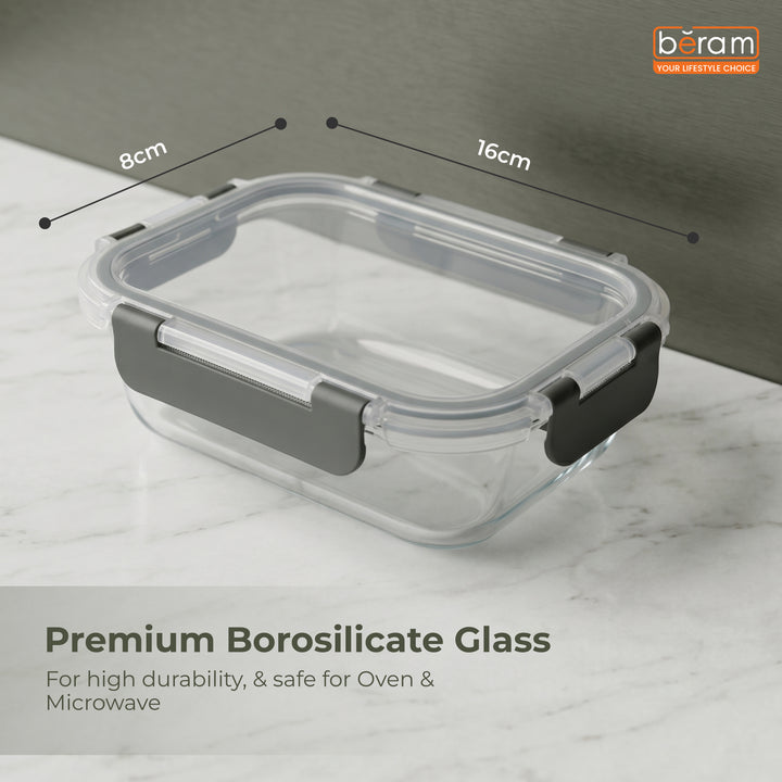 Beram Glass Food Storage Container with Lid 18.6×14.1×6.2 cm – Oven Safe Transparent Borosilicate Glass Box with Silicone Seal Airtight Leakproof Meal Prep Container for Oven Microwave Fridge & Freeze