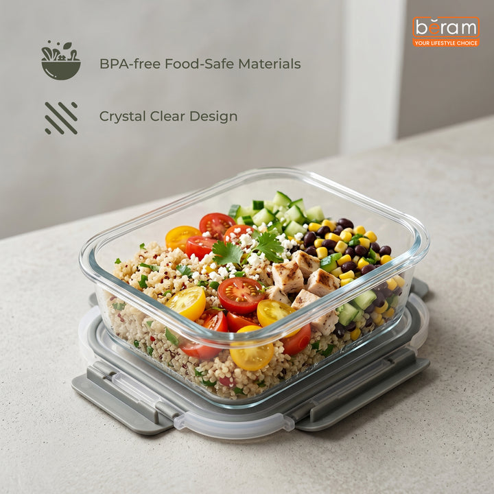 Beram Glass Food Storage Container with Lid 18.6×14.1×6.2 cm – Oven Safe Transparent Borosilicate Glass Box with Silicone Seal Airtight Leakproof Meal Prep Container for Oven Microwave Fridge & Freeze