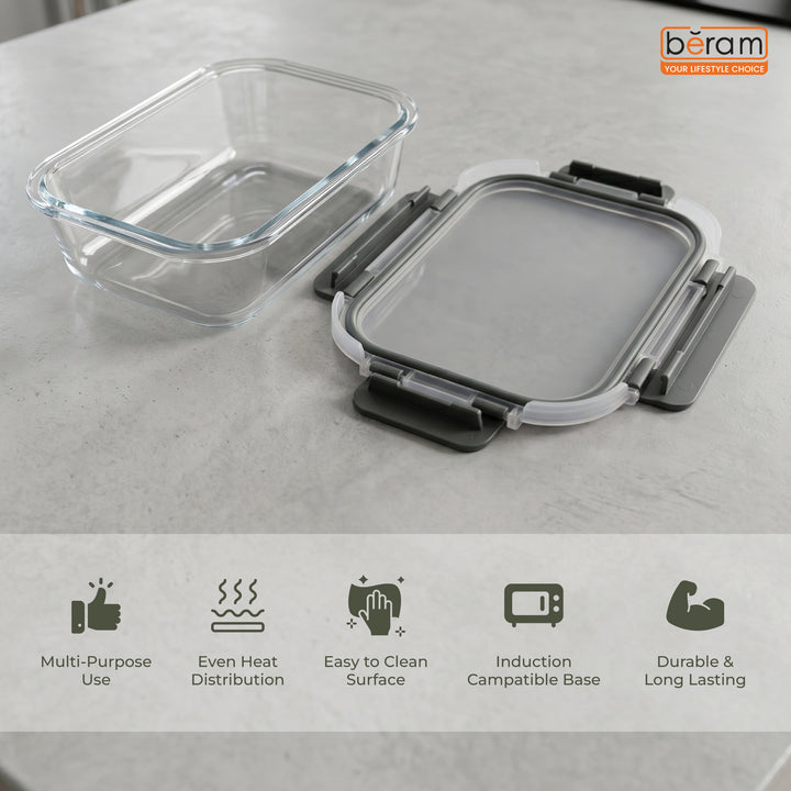 Beram Glass Food Storage Container with Lid 18.6×14.1×6.2 cm – Oven Safe Transparent Borosilicate Glass Box with Silicone Seal Airtight Leakproof Meal Prep Container for Oven Microwave Fridge & Freeze