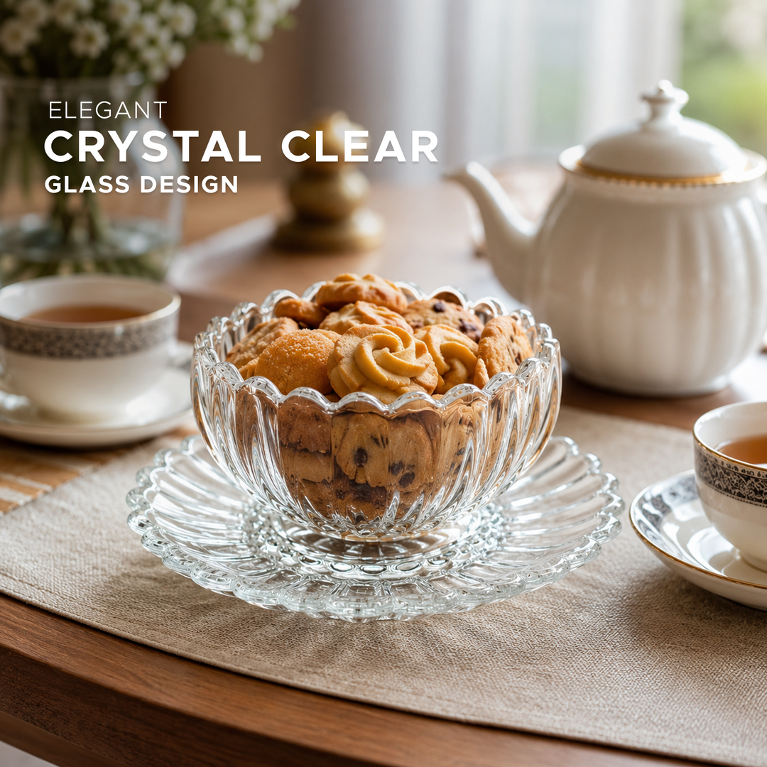 Crystal Glass Snack Bowl with Serving Plate, Decorative Fruit Tray Combination, Dry Fruit Candy Nut Dessert Serving Bowl Set for Dining Table Kitchen Ramadan & Home Decor