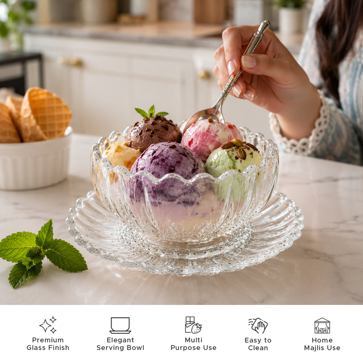 Crystal Glass Snack Bowl with Serving Plate, Decorative Fruit Tray Combination, Dry Fruit Candy Nut Dessert Serving Bowl Set for Dining Table Kitchen Ramadan & Home Decor