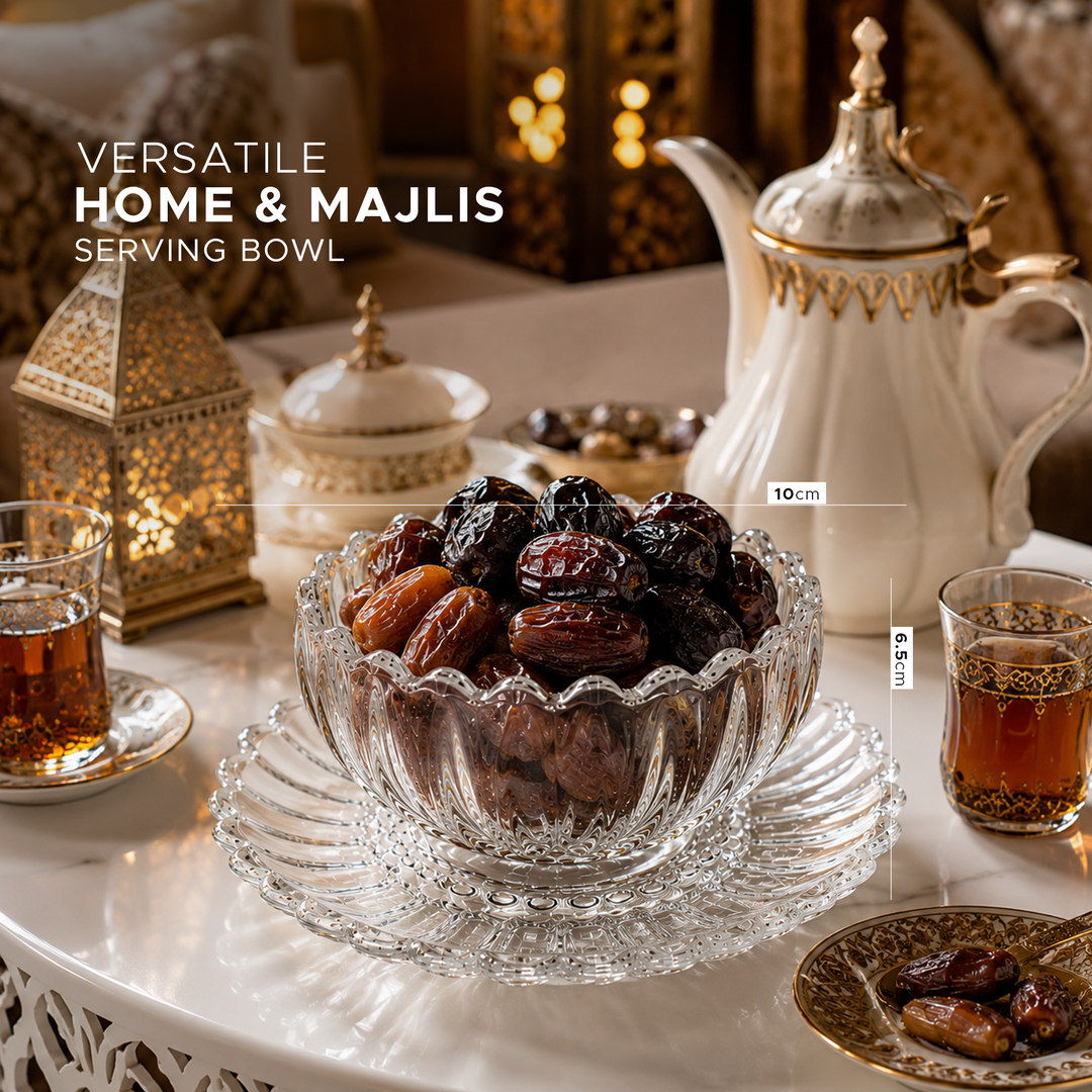 Crystal Glass Snack Bowl with Serving Plate, Decorative Fruit Tray Combination, Dry Fruit Candy Nut Dessert Serving Bowl Set for Dining Table Kitchen Ramadan & Home Decor