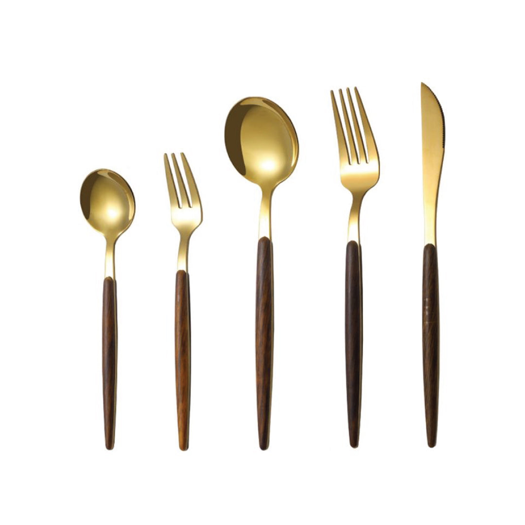 BERAM Golden Timber 5-Piece Cutlery Set – Gold Stainless Steel Flatware with Brown Wooden Handles – Elegant Dinnerware for Daily Use