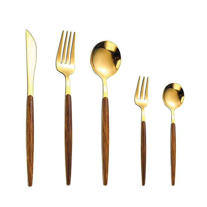 BERAM Golden Timber 5-Piece Cutlery Set – Gold Stainless Steel Flatware with Brown Wooden Handles – Elegant Dinnerware for Daily Use