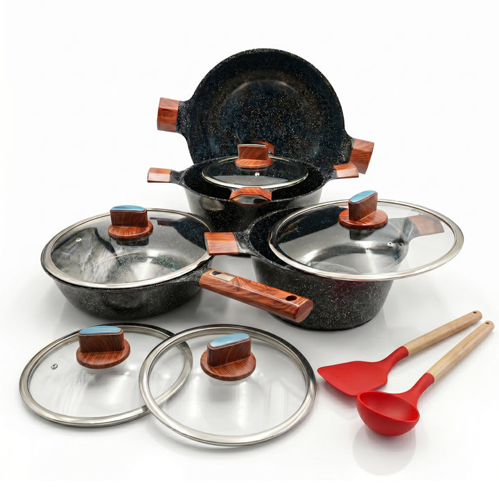 BMN 12 Piece Granite Cookware Set Non Stick Pots and Pans with Lids, Aluminium Casserole 20 24 28 cm, Deep Fry Pan 28 cm, Wok 34 cm, Induction Compatible Cooking Set