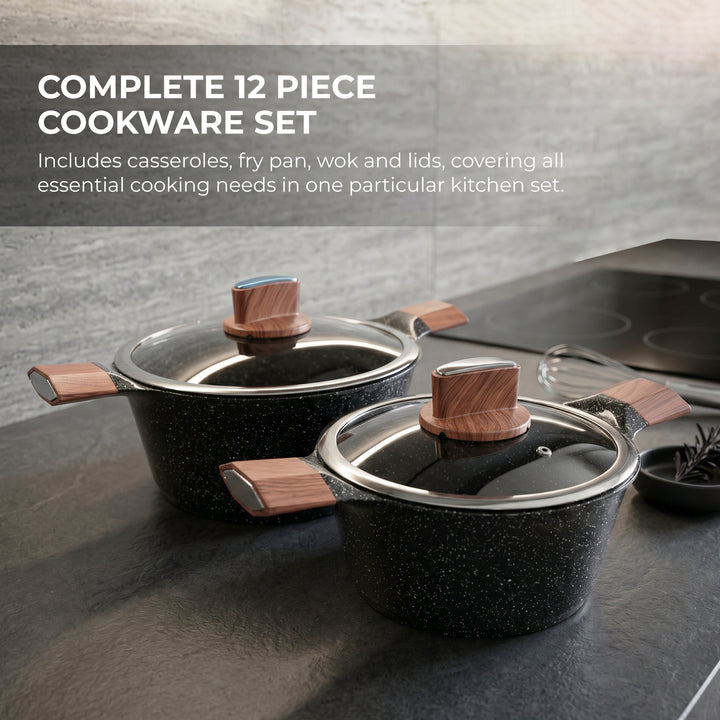 BMN 12 Piece Granite Cookware Set Non Stick Pots and Pans with Lids, Aluminium Casserole 20 24 28 cm, Deep Fry Pan 28 cm, Wok 34 cm, Induction Compatible Cooking Set