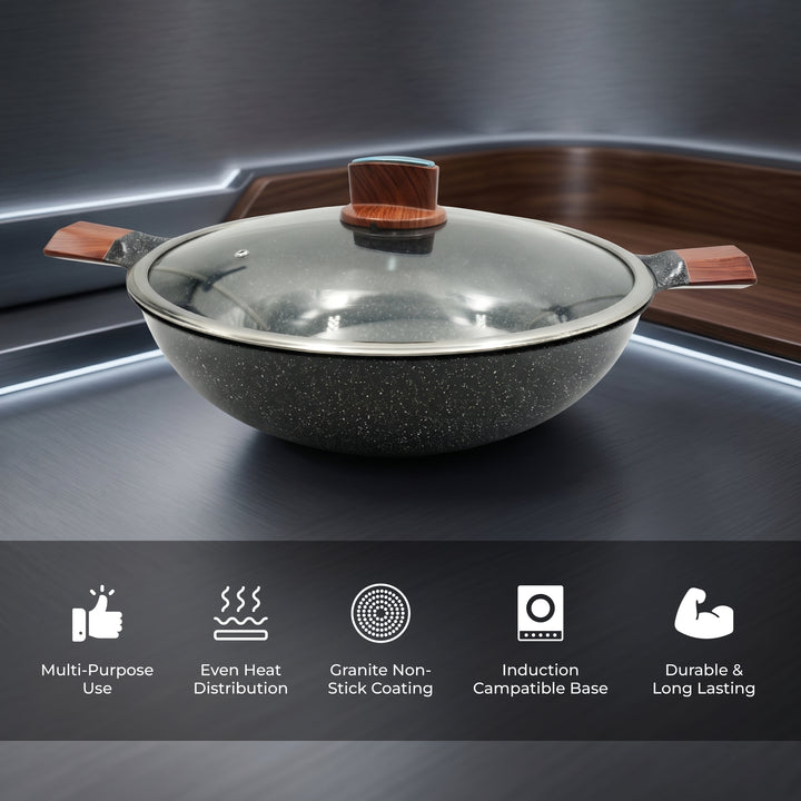 BMN 12 Piece Granite Cookware Set Non Stick Pots and Pans with Lids, Aluminium Casserole 20 24 28 cm, Deep Fry Pan 28 cm, Wok 34 cm, Induction Compatible Cooking Set