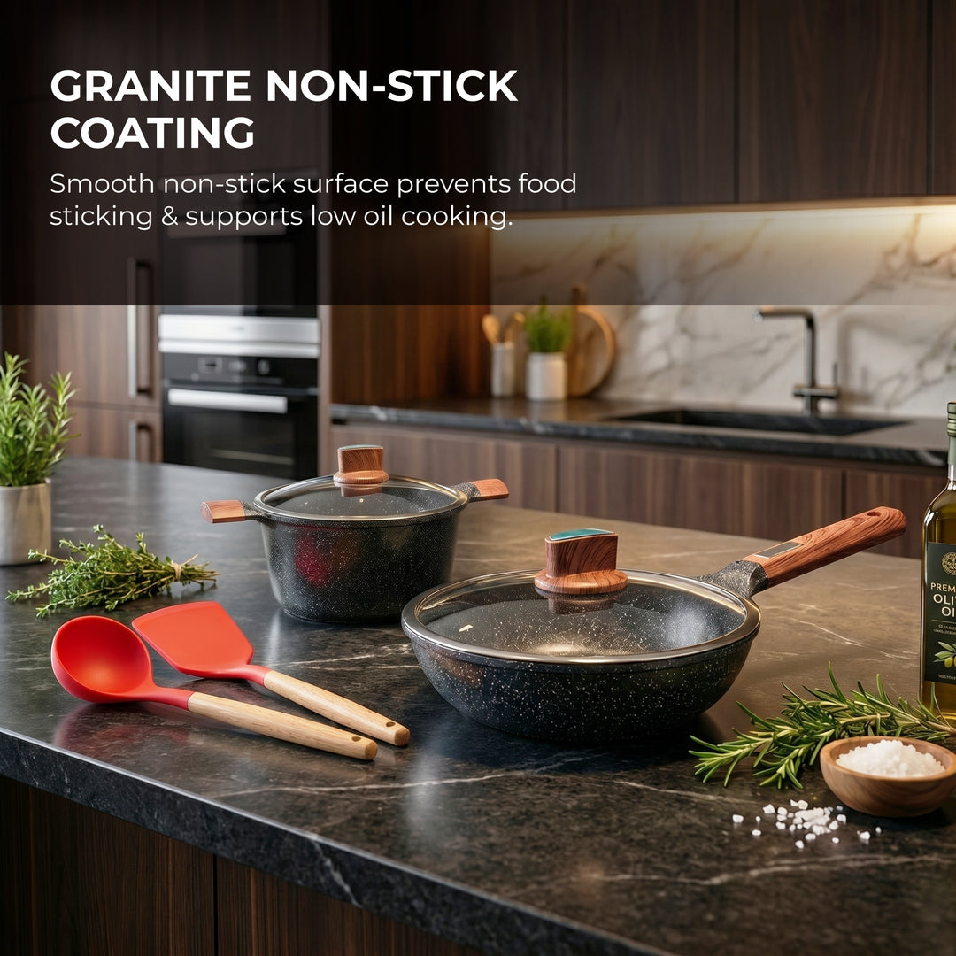BMN 12 Piece Granite Cookware Set Non Stick Pots and Pans with Lids, Aluminium Casserole 20 24 28 cm, Deep Fry Pan 28 cm, Wok 34 cm, Induction Compatible Cooking Set