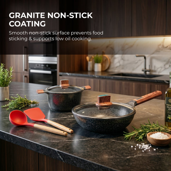 BMN 12 Piece Granite Cookware Set Non Stick Pots and Pans with Lids, Aluminium Casserole 20 24 28 cm, Deep Fry Pan 28 cm, Wok 34 cm, Induction Compatible Cooking Set