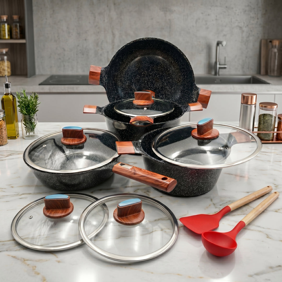 BMN 12 Piece Granite Cookware Set Non Stick Pots and Pans with Lids, Aluminium Casserole 20 24 28 cm, Deep Fry Pan 28 cm, Wok 34 cm, Induction Compatible Cooking Set
