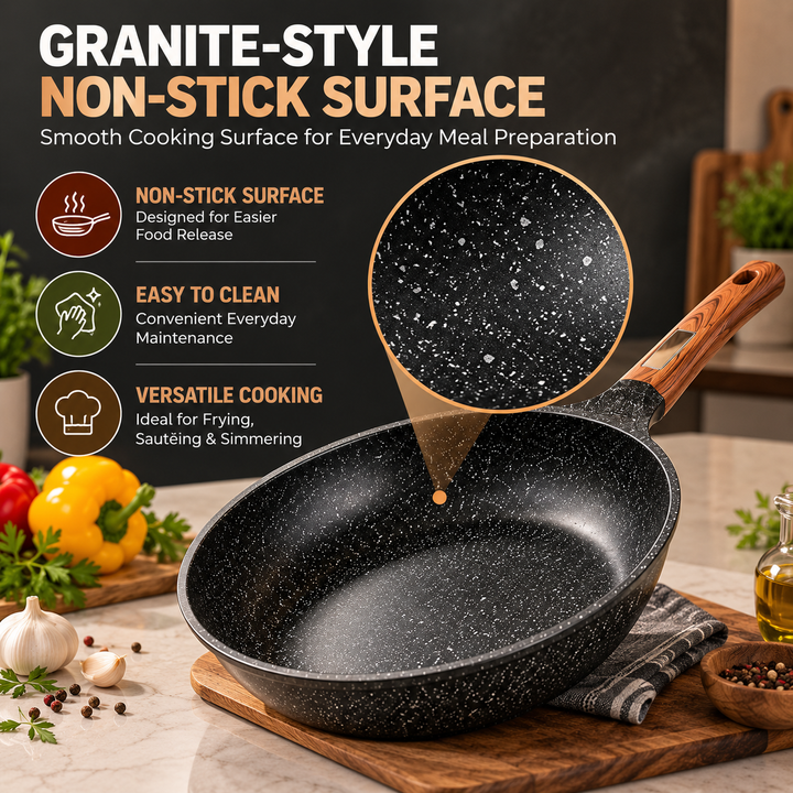 BMN 12 Piece Granite Cookware Set Non Stick Pots and Pans with Lids, Aluminium Casserole 20 24 28 cm, Deep Fry Pan 28 cm, Wok 34 cm, Induction Compatible Cooking Set