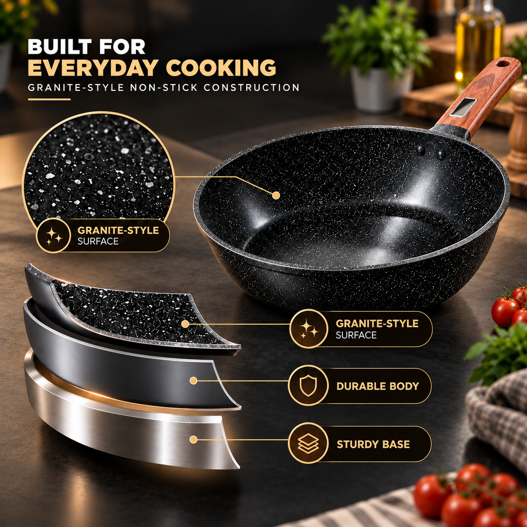 BMN 12 Piece Granite Cookware Set Non Stick Pots and Pans with Lids, Aluminium Casserole 20 24 28 cm, Deep Fry Pan 28 cm, Wok 34 cm, Induction Compatible Cooking Set