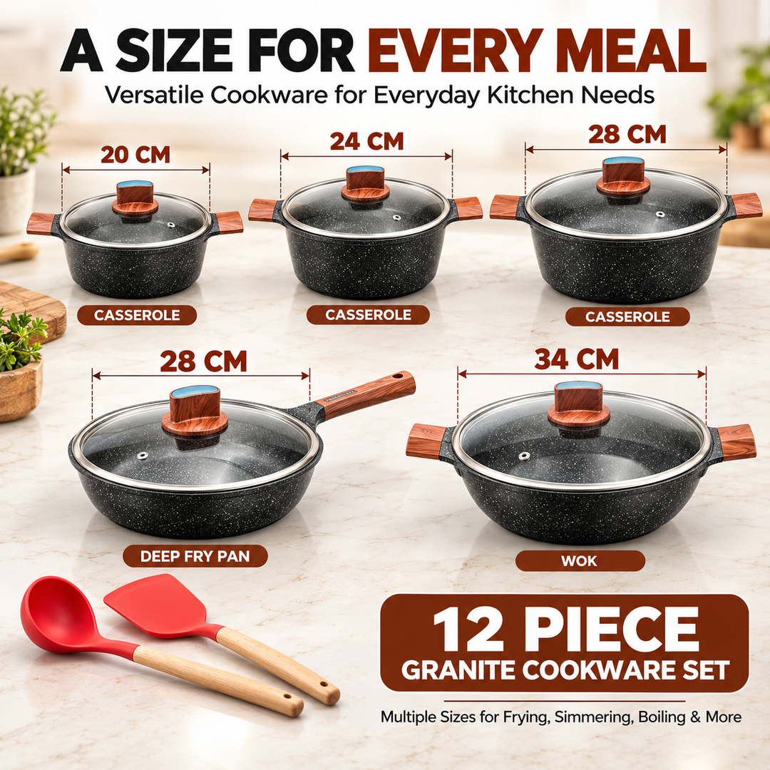 BMN 12 Piece Granite Cookware Set Non Stick Pots and Pans with Lids, Aluminium Casserole 20 24 28 cm, Deep Fry Pan 28 cm, Wok 34 cm, Induction Compatible Cooking Set