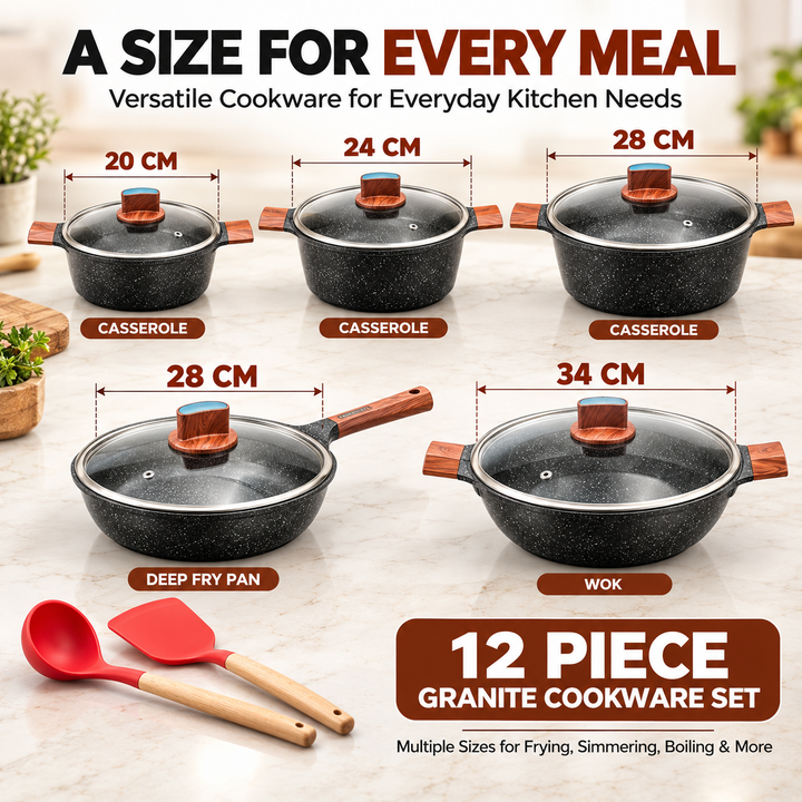 BMN 12 Piece Granite Cookware Set Non Stick Pots and Pans with Lids, Aluminium Casserole 20 24 28 cm, Deep Fry Pan 28 cm, Wok 34 cm, Induction Compatible Cooking Set