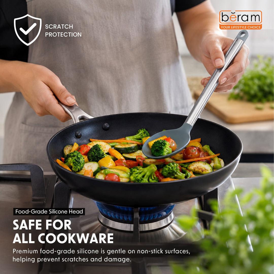 Beram 8Pcs Silicone &Stainless Steel Kitchen Utensil Heat Resistant 3Spatulas,1Tong,1Soup Ladle,1Pasta Server,1Turner,1Whisk Non-Stick BPA-Free,Dishwasher Safe (GREY) (Set of 8)