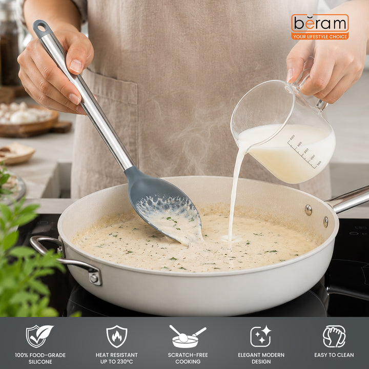 Beram 8Pcs Silicone &Stainless Steel Kitchen Utensil Heat Resistant 3Spatulas,1Tong,1Soup Ladle,1Pasta Server,1Turner,1Whisk Non-Stick BPA-Free,Dishwasher Safe (GREY) (Set of 8)
