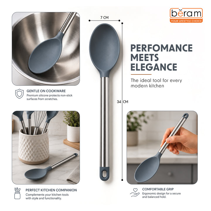 Beram 8Pcs Silicone &Stainless Steel Kitchen Utensil Heat Resistant 3Spatulas,1Tong,1Soup Ladle,1Pasta Server,1Turner,1Whisk Non-Stick BPA-Free,Dishwasher Safe (GREY) (Set of 8)