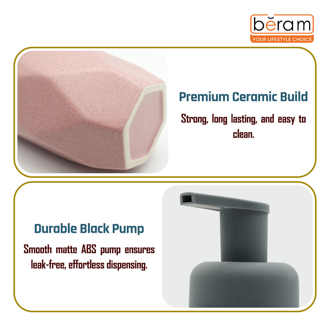 Beram Hexagon shaped Ceramic Liquid Soap Dispenser 350ml Modern Faceted Design with Black Pump Refillable 350ml Dotted Lotion & Hand Soap Dispenser for Bathroom & Kitchen
