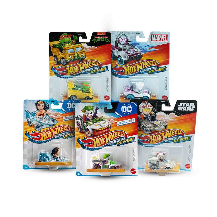 Hot Wheels RacerVerse Character Car Set – Includes The Joker, Wonder Woman, Spider-Gwen, Michelangelo, Luke Skywalker & More | 6-Pack Die-Cast Vehicle Collection | DC, Marvel, Star Wars, TMNT | Iconic Hero & Villain Cars for Kids Ages 3+