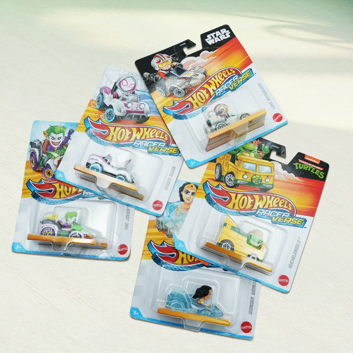 Hot Wheels RacerVerse Character Car Set – Includes The Joker, Wonder Woman, Spider-Gwen, Michelangelo, Luke Skywalker & More | 6-Pack Die-Cast Vehicle Collection | DC, Marvel, Star Wars, TMNT | Iconic Hero & Villain Cars for Kids Ages 3+