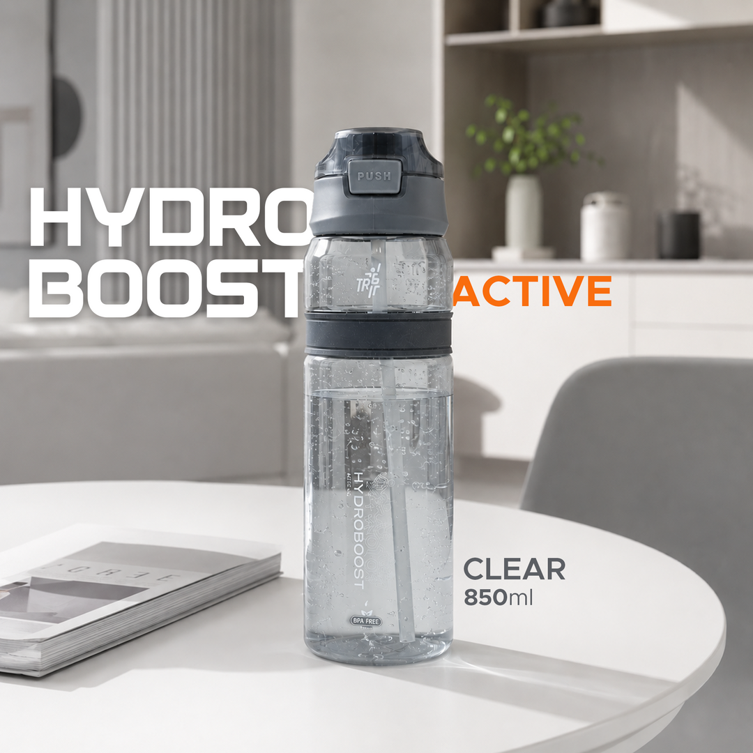 TR6 Hydro Boost Active Clear Water Bottle BPA Free Tritan Sports Bottle with Lockable Flip Lid Leakproof & Durable Ideal for Gym Office Outdoor Travel School 850ml