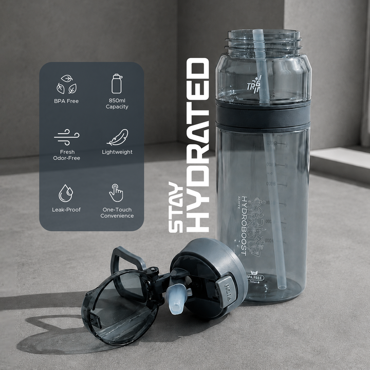 TR6 Hydro Boost Active Clear Water Bottle BPA Free Tritan Sports Bottle with Lockable Flip Lid Leakproof & Durable Ideal for Gym Office Outdoor Travel School 850ml