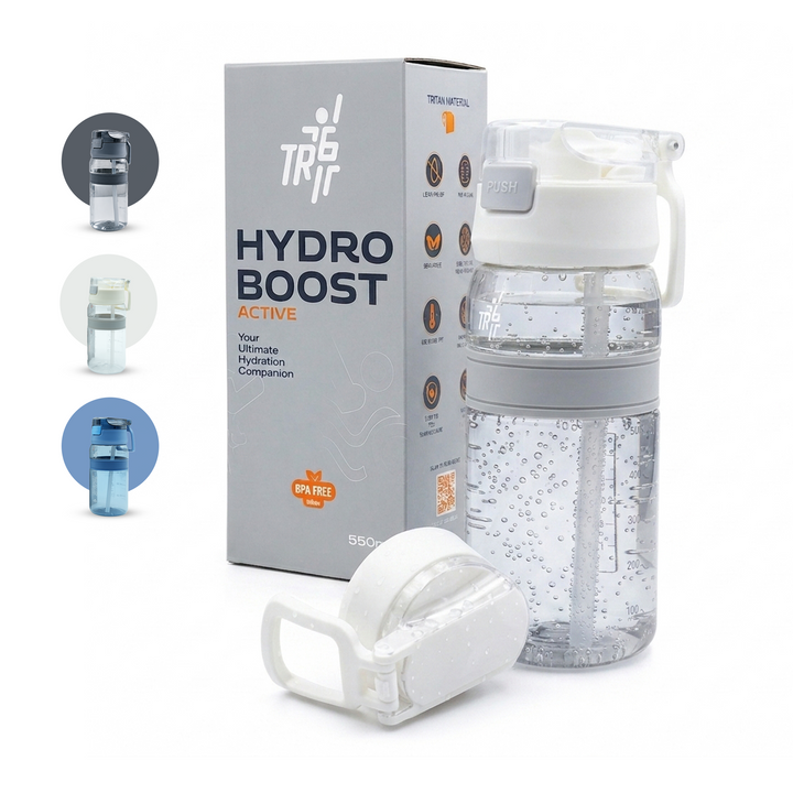 TR6 Hydro Boost Active Clear 550ml Water Bottle BPA Free Tritan Transparent Leak Proof Push Lid with Straw & Handle Lightweight Shatter Resistant Odor Free Ideal for Kids Office Gym & Daily use