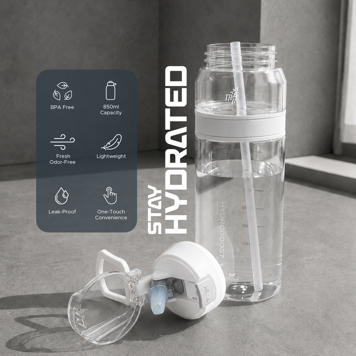 TR6 Hydro Boost Active Clear Water Bottle BPA Free Tritan Sports Bottle with Lockable Flip Lid Leakproof & Durable Ideal for Gym Office Outdoor Travel School 850ml